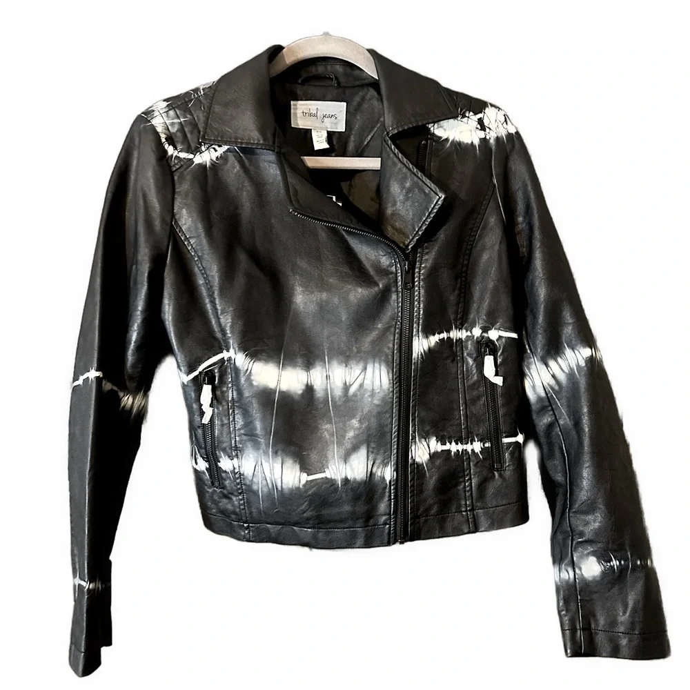 Tribal Women’s Black White Tie Dye Print Faux Vegan Leather Jacket Sz S NWT - Picture 3 of 13